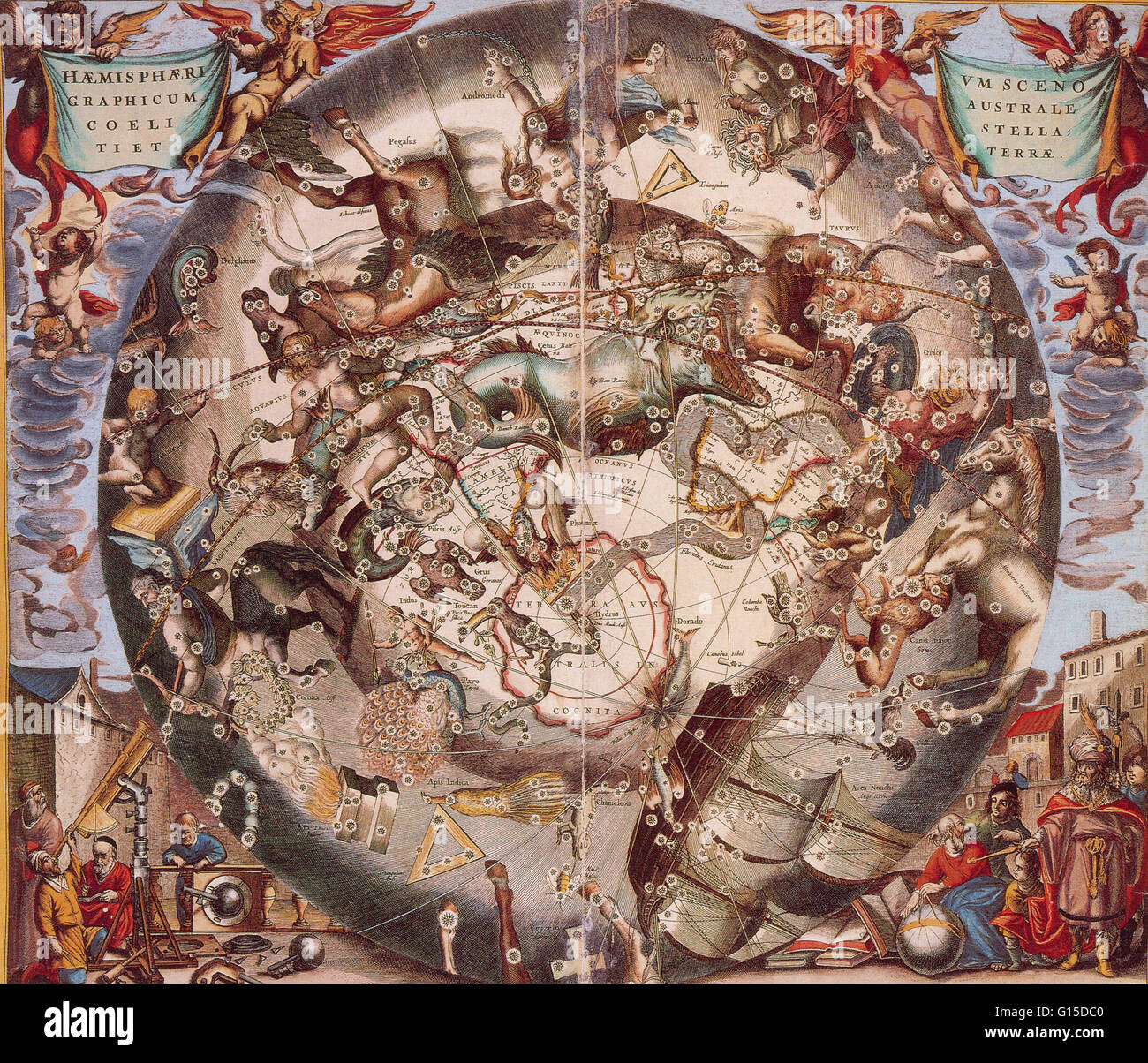 Der Atlas Coelestis von Andreas Cellarius war eine eklektische Gruppe von astronomischen Tabellen und Diagramme anzeigen viele unterschiedliche und oft widersprüchliche Ansichten des Himmels. Es war teilweise ein historisches Nachschlagewerk, erklären die planetarischen Theorien der Zapfwelle Stockfoto