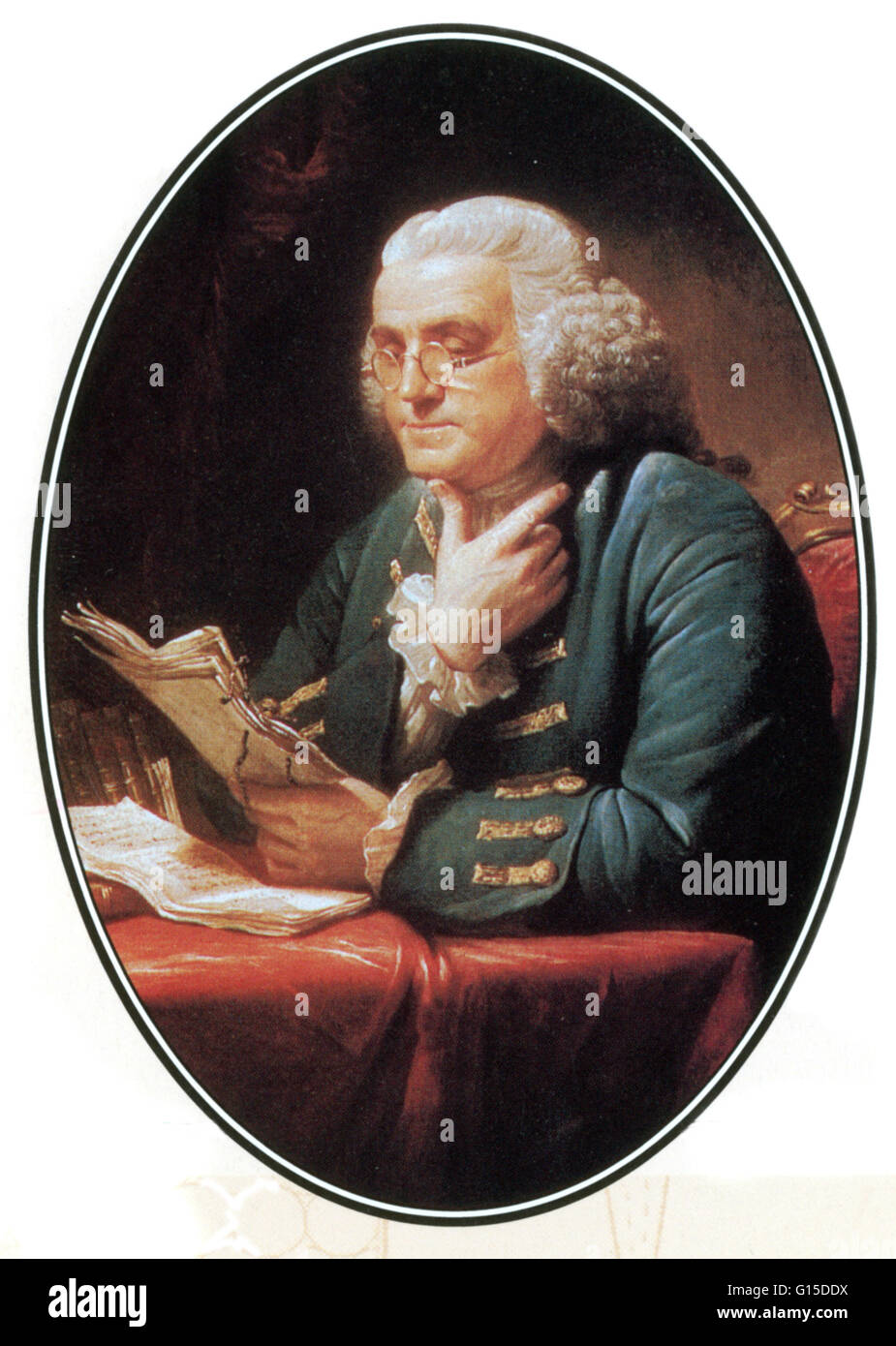 Ovalem Querschnitt eines 1767-Porträt von Benjamin Franklin des britischen Künstlers David Martin. Das Gemälde ist jetzt auf dem Display in das Weiße Haus. Benjamin Franklin. Radierung von H. B. Hall, 1879. Benjamin Franklin (1706-1790) war einer der Gründerväter der th Stockfoto