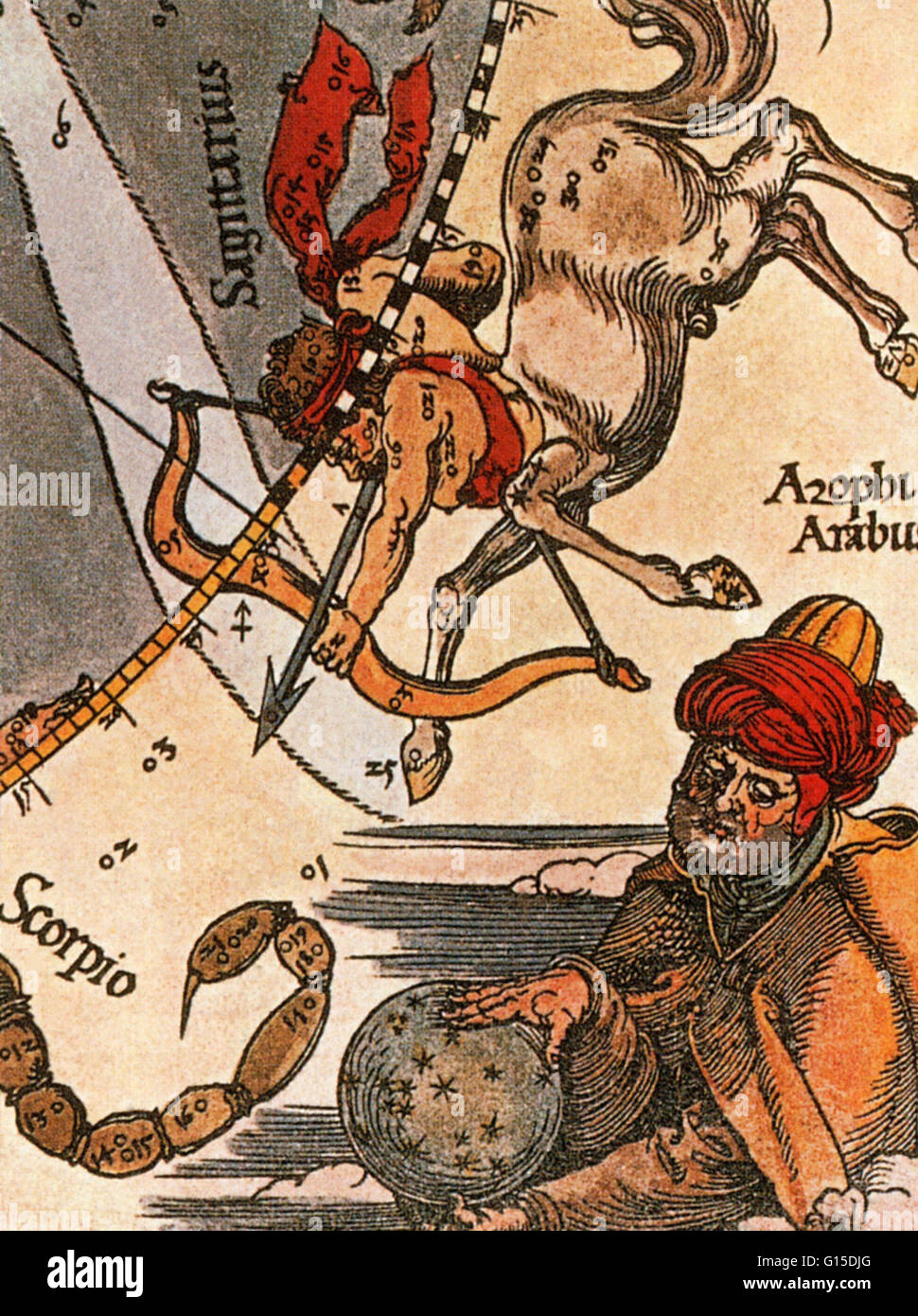 Al-Sufi, wie von Albrecht Dürer vorgestellt. Abd al-Rahman al-Sufi (7 Dezember 903-25 Mai 986), manchmal bekannt im Westen als Azophi, veröffentlicht das berühmte "Buch der Fixsterne" in 964, beschreibt viel von seiner Arbeit, sowohl im schriftlichen Beschreibungen und Bilder Stockfoto