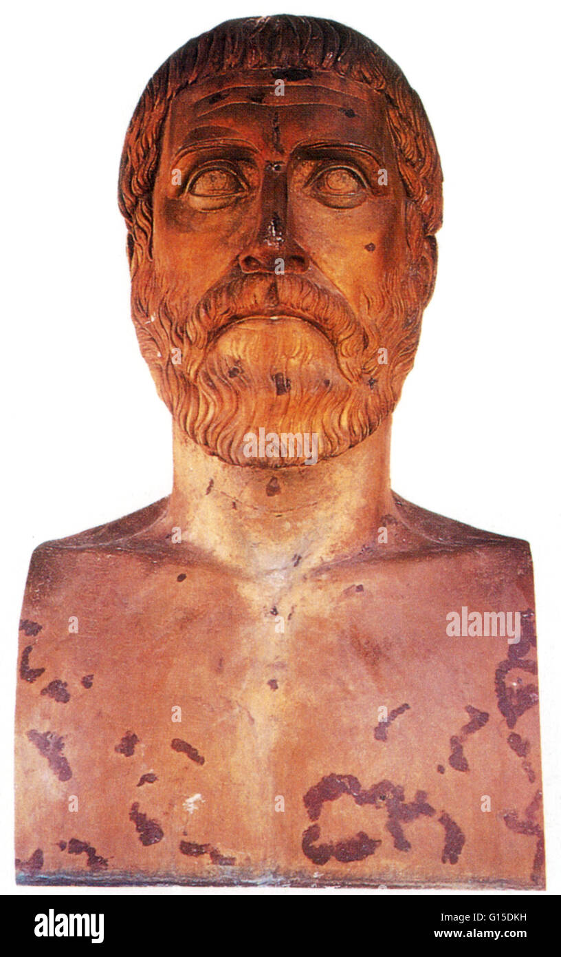 Pythagoras von Samos (570-495 BC) war eine antike griechische Philosoph und Mathematiker und Gründer der religiösen Bewegung namens Begnadigung. Er machte einflussreiche Beiträge zu Philosophie und Religion im späten 6. Jahrhundert BC. Oft wird er verehrt Stockfoto