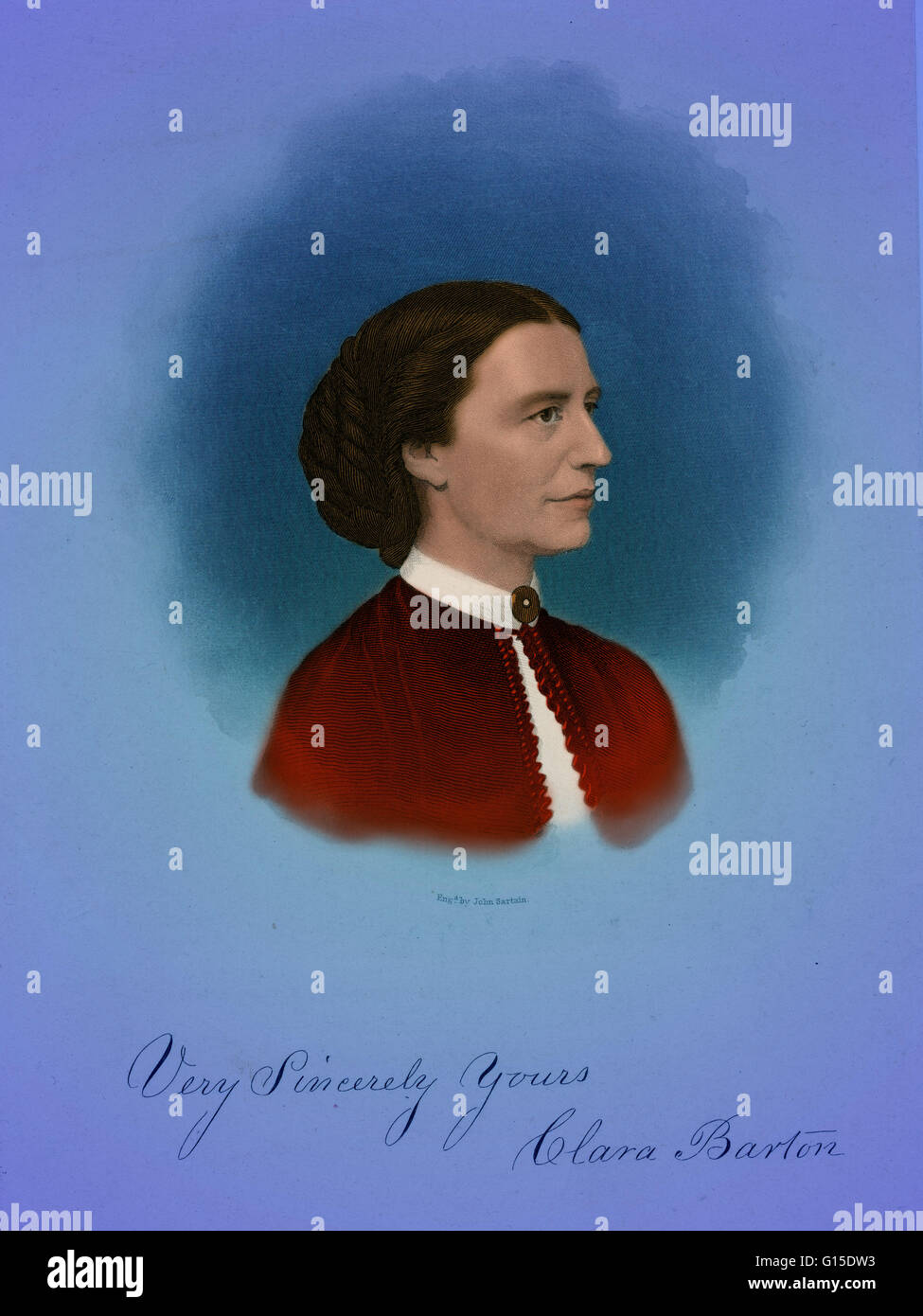 Clara Barton (25. Dezember 1821? 12. April 1912). "Während unsere Soldaten stehen und kämpfen, ich kann stehen und füttern und pflegen sie.", sagte von Barton, 1861. Clara Bartons begann Bürgerkrieg im April 1861. Nach der Schlacht am Bull Run, gründete sie eine eine Stockfoto