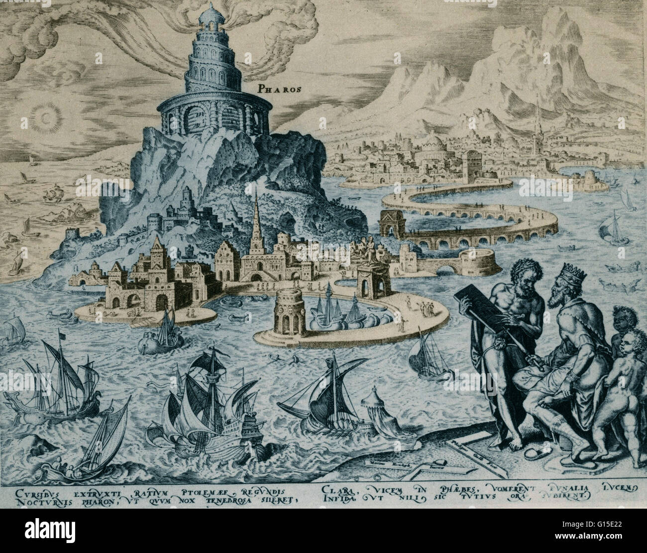 Sieben Wunder der Welt, gezeichnet von Marten van Heemskerck: Der Pharos von Alexandrien. Stich von Philipp Galle. 1567 der Leuchtturm in Alexandria, Ägypten wurde im 3. Jahrhundert v. Chr. gebaut. Die Höhe des Leuchtturms war schätzungsweise zwischen 380 und 44 Stockfoto