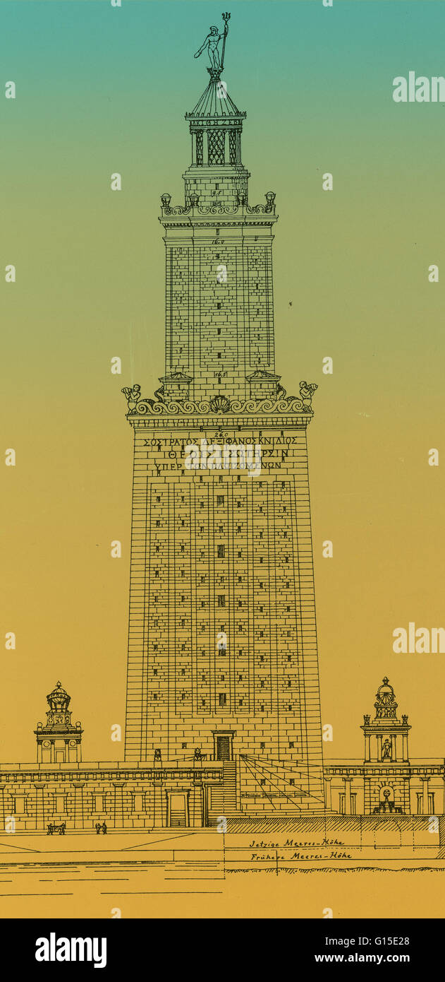 Sieben Wunder der Welt. Das Hotel Pharos, eine Rekonstruktion von H. Thiersch (1909). Blick von Osten, von der Annäherung an die Insel. Der Leuchtturm in Alexandria, Ägypten wurde im 3. Jahrhundert v. Chr. errichtet. Die Höhe des Leuchtturms wurde geschätzt, um dabei zu sein Stockfoto