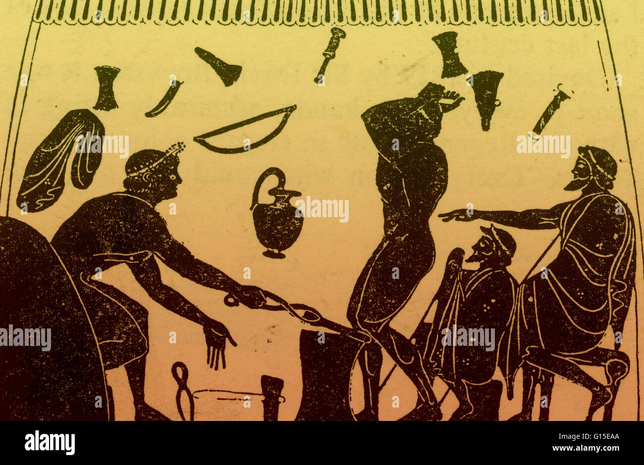 Schmiede, Dachboden Vase, 6. Jahrhundert v. Chr. Ein Schmied ist eine Person, die Objekte aus Schmiedeeisen oder Stahl erstellt, durch das Metall schmieden; d. h., mithilfe von Tools zu hämmern, biegen und schneiden. Schmiede produzieren Objekte wie Tore, Gitter, Geländer, l Stockfoto