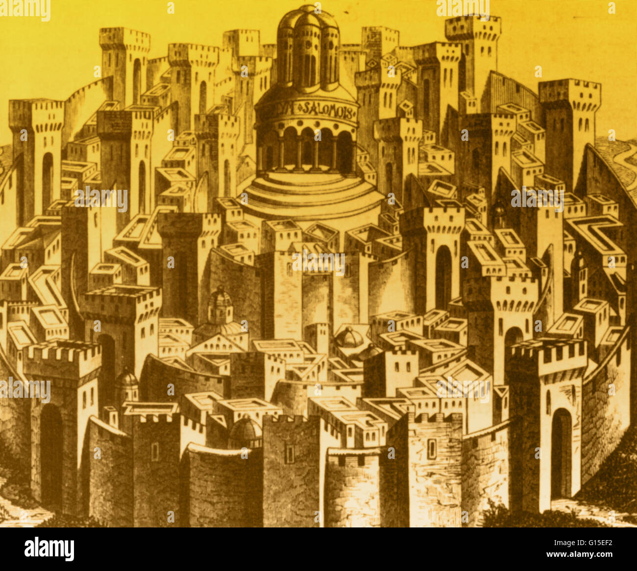 Jerusalem in einem Ende des 15. Jahrhunderts Holzschnitt mit dem Tempel (Haube des Felsens) symbolisch dargestellt platziert in der Mitte der Stadt. Im Mittelalter war die Heilige Stadt der "Nabel der Welt" genannt. " Stockfoto