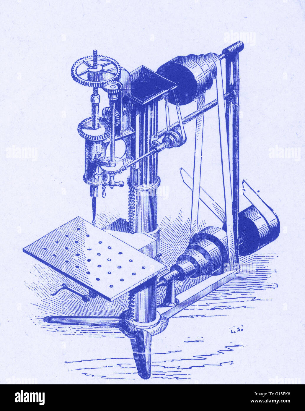 Eine motorisierte Präzision Bohrgerätpresse des Typs von Eli Whitney zu austauschbaren Waffenteile, eine Bohrmaschine (auch bekannt als ein Podest Bohrer, Säule Bohrer oder Bank Bohrer) ist einen festen Stil der Bohrer, der auf einem Ständer montiert oder verschraubt werden kann die Stockfoto