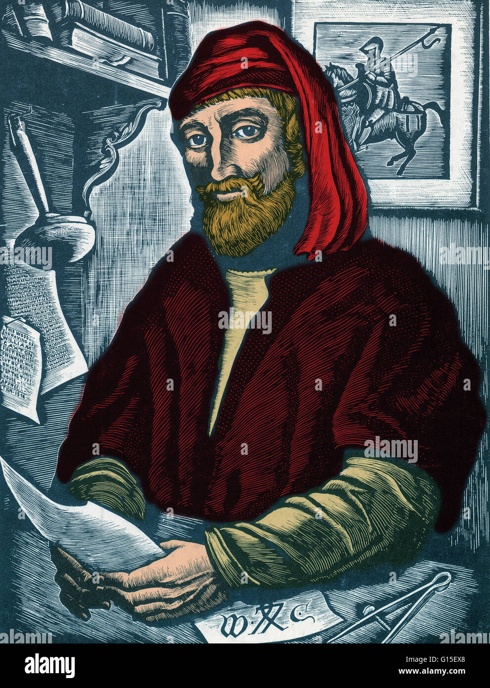 Einem Holzstich von William Caxton des amerikanischen Künstlers Bernard Brussel-Smith (1914-1989). William Caxton (1422?-1492) war ein englischer Kaufmann, Diplomat, Schriftsteller und Drucker. Soweit bekannt ist, war er der erste englische als einen Drucker und die fi Stockfoto