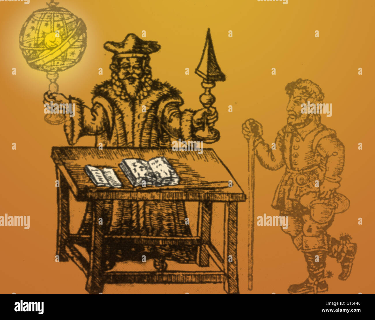In der Antike war die Hauptaufgabe des Astrologen, die Zukunft vorauszusagen. Dieser Holzschnitt aus dem Jahre 1490, zeigt zwei Astrologen arbeiten mit Arrangements von Sonne, Mond und Planeten, die astrologischen Auswirkungen auf die Leben der Menschen zu finden. Stockfoto