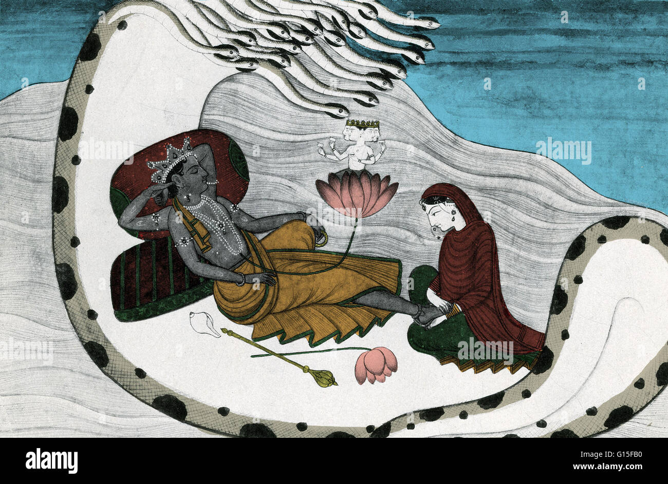 Vishnu und Lakshmi. Vishnu ist der Erhalter des Universums in der hinduistischen Trimurti. Er ist ein allwissendes Wesen Befugnissen ausgestattet, um alle Dinge mit seinem Geist zu unterstützen und das Unmögliche möglich zu machen. Seine Frau Lakshmi ist die Hindu-Göttin der Gnade, guten fortun Stockfoto