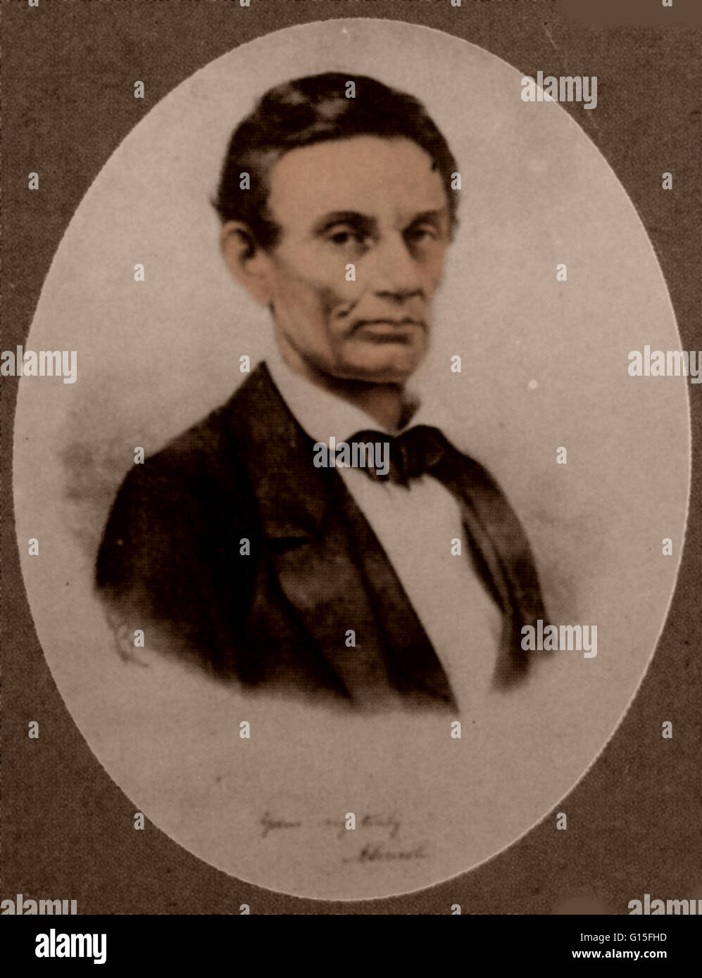 Milton Bradley Lithographie des bartlosen Lincoln. Abraham Lincoln (12. Februar 1809 - 15. April 1865) war der 16. Präsident der Vereinigten Staaten, von März 1861 bis zu seiner Ermordung im Jahre 1865. Er führte sein Land durch den amerikanischen Bürgerkrieg, pre Stockfoto