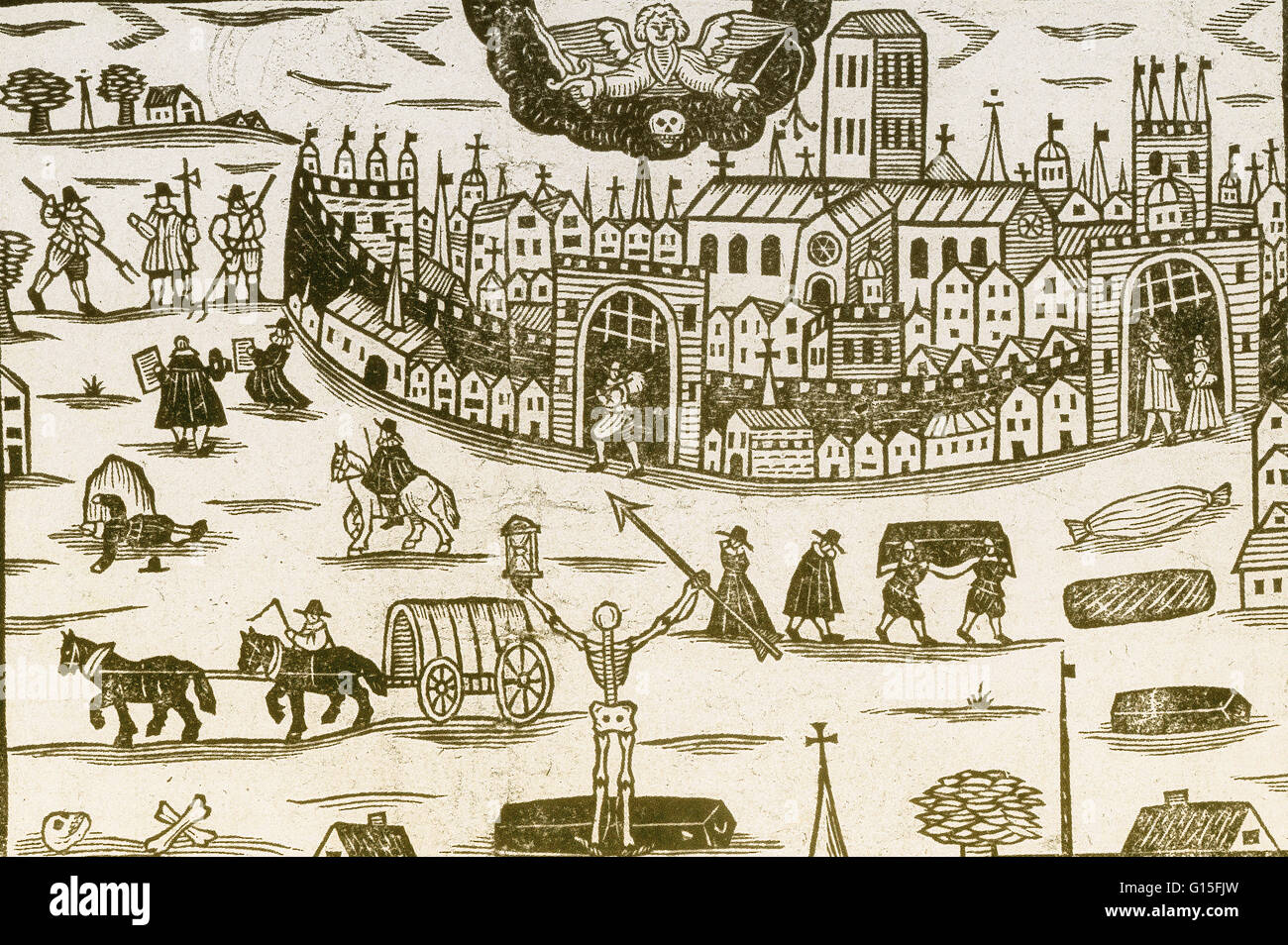 Holzschnitt von der Pest, die über einen "bedauerlichen Liste der des Todes Triumphe in den wöchentlichen Bestattungen von der City of London" gedruckt. Der schwarze Tod (1340-1400) war einer der verheerendsten Pandemien in der Geschichte der Menschheit, was den Tod von einem geschätzten 75 bis Stockfoto