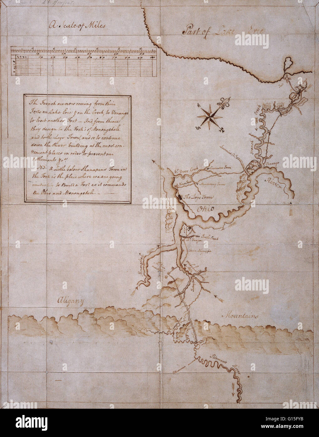 Manuskript-Karte gezeichnet von George Washington während der Kampagne von 1753 / 54. Stockfoto
