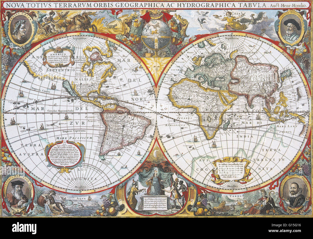 Hondius Weltkarte, 1630. Die Quintessenz Weltkarte der Periode zeigt vier Elemente, vier Kontinente, die Sonne, Mond und Sternen umgeben die Karte. In den vier Ecken sind Porträts von den Kartographen, Ptolemäus, Mercator und Caesar. Stockfoto