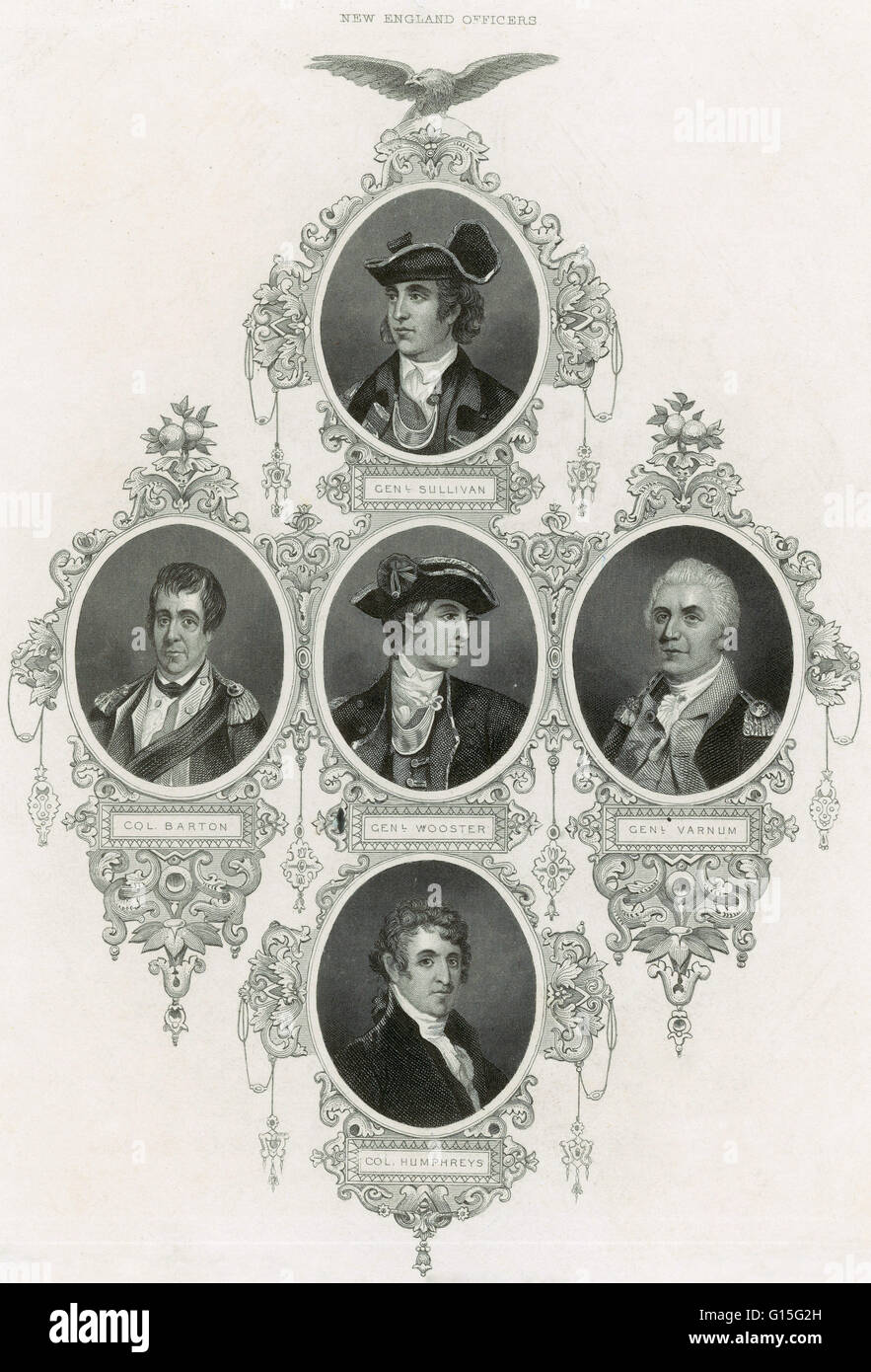 New England Offiziere aus dem Jahr 1700: General Sullivan (oben); mittlere Reihe L R: Oberst Barton, General Wooster, General Varnmum; Oberst Humphreus (unten). Stockfoto