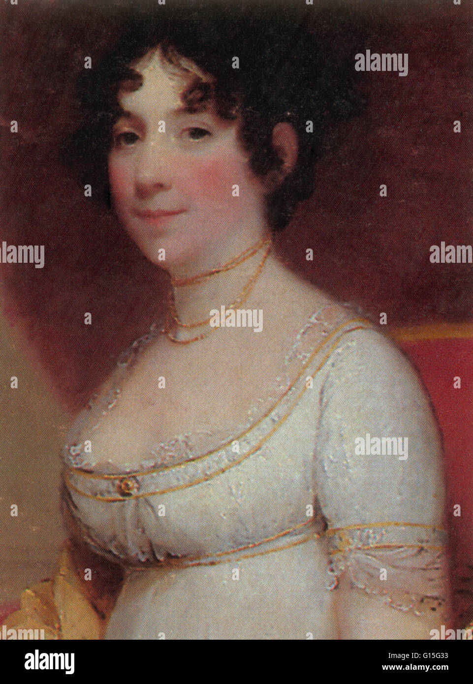 Dolley Payne Todd Madison (20. Mai 1768 - 12. Juli 1849) war die von Präsident James Madison und First Lady der Vereinigten Staaten von 1809 bis 1817. Sie zeichnete sich durch ihre sozialen Fähigkeiten und half, die Rolle der First Lady zu definieren. Ihr Erfolg als hostess Stockfoto