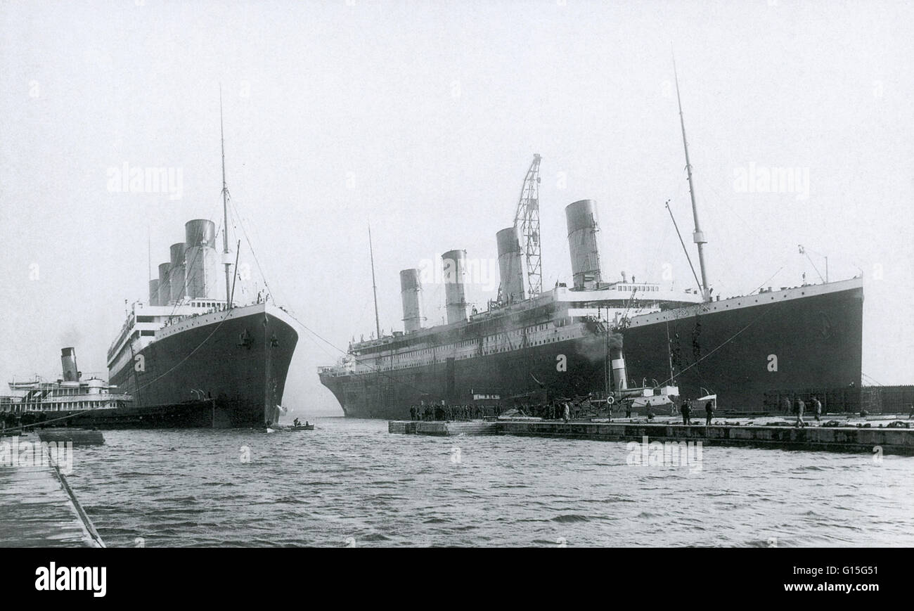 Der Olympic und Titanic in Belfast, Nordirland. Der Olympic und Titanic waren Schwestern und fast identisch. Während die Titanic Leben eher von kurzer Dauer war, diente die RMS Olympic eine lange und illustre Karriere (1911 bis 1935), inklusive Service als ein Truppentransporter Stockfoto