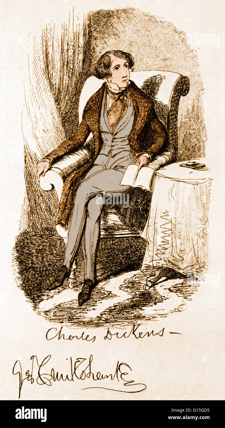 Ein junger Charles Dickens in einer Zeichnung von George Cruikshank, die Dickens Bücher illustriert. Ihre Unterschriften werden unten angezeigt. Charles John Huffam Dickens (7. Februar 1812 - 9. Juni 1870) war ein englischer Schriftsteller und Gesellschaftskritiker. Er schuf einige der th Stockfoto