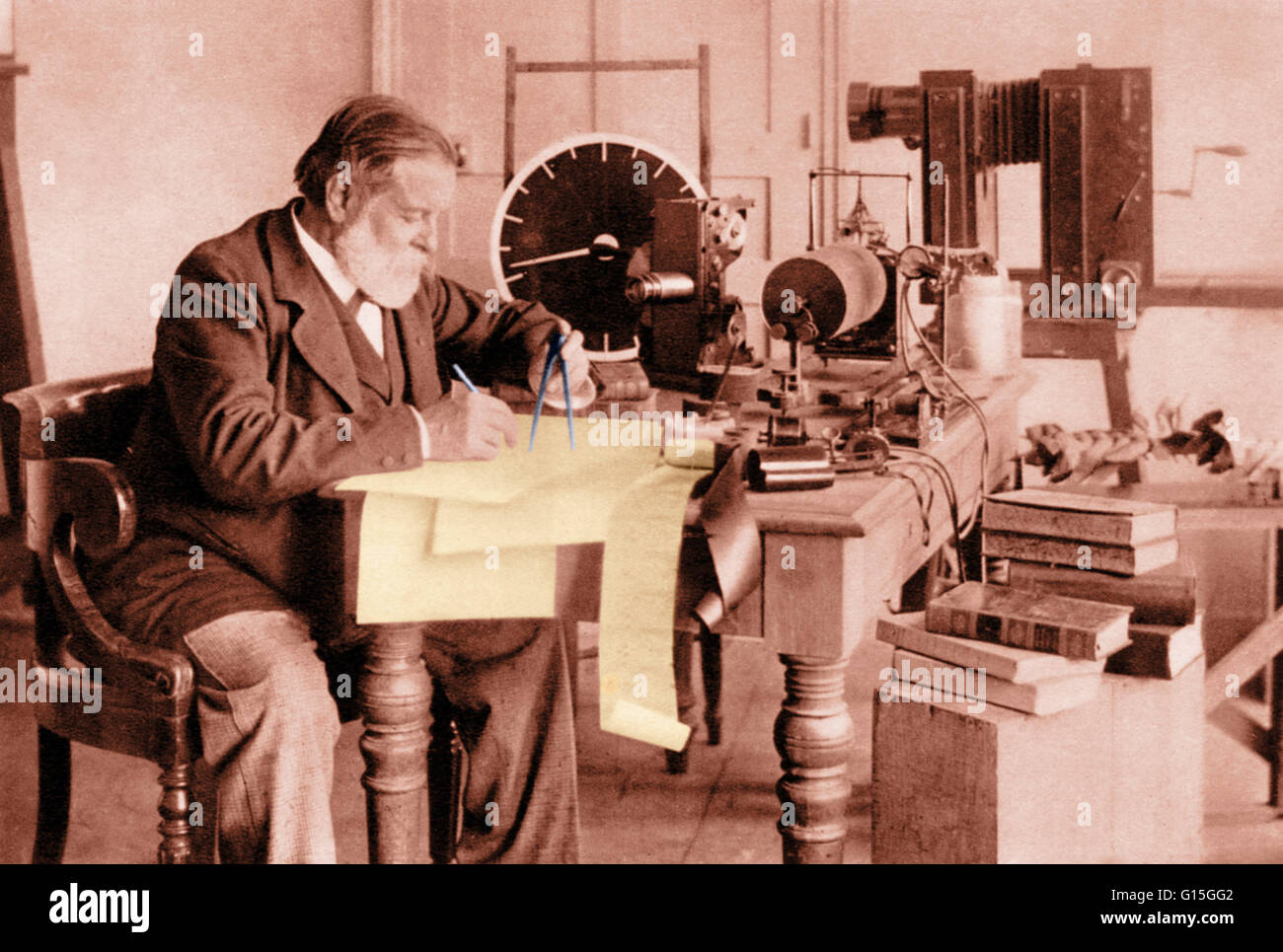 Marey unter seiner Erfindungen (Sphygmograph, Tonaufnahmen Instrumente, Modell der Vogelflug, Projektor, Kamera). Étienne-Jules Marey (5. März 1830 - 21. Mai 1904) war ein französischer Wissenschaftler, Physiologe und Chronofotografen. Er begann mit dem Studium Blut c Stockfoto