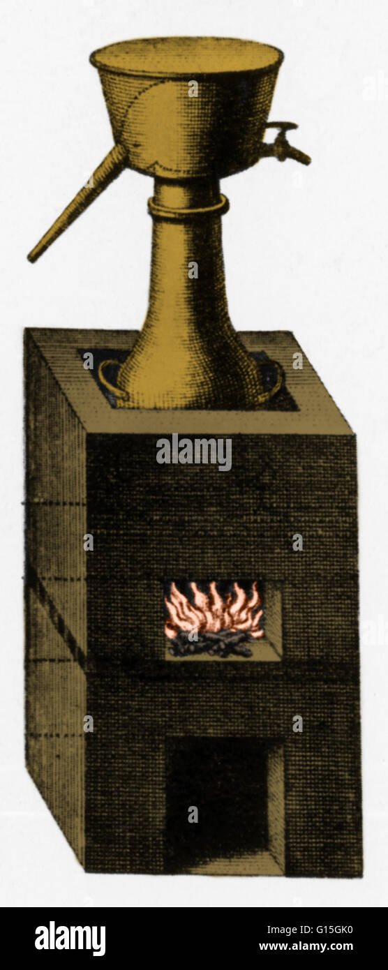Verschiedene Arten des Apparates von 18. Jahrhundert Chemiker verwendet. Die hier gezeigte ist ein Alembic oder Destillieren Frontblenden, die noch einen ehrenvollen Platz in Chemie, und wurde verwendet, um Stoffe in ihre Bestandteile zu trennen. Dieser wurde von Abbe entworfen. Stockfoto