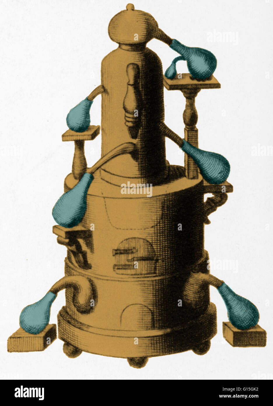 Verschiedene Arten des Apparates von 18. Jahrhundert Chemiker verwendet. Die hier gezeigte ist ein Alembic oder Destillieren Frontblenden, die noch einen ehrenvollen Platz in Chemie, und wurde verwendet, um Stoffe in ihre Bestandteile zu trennen. Stockfoto