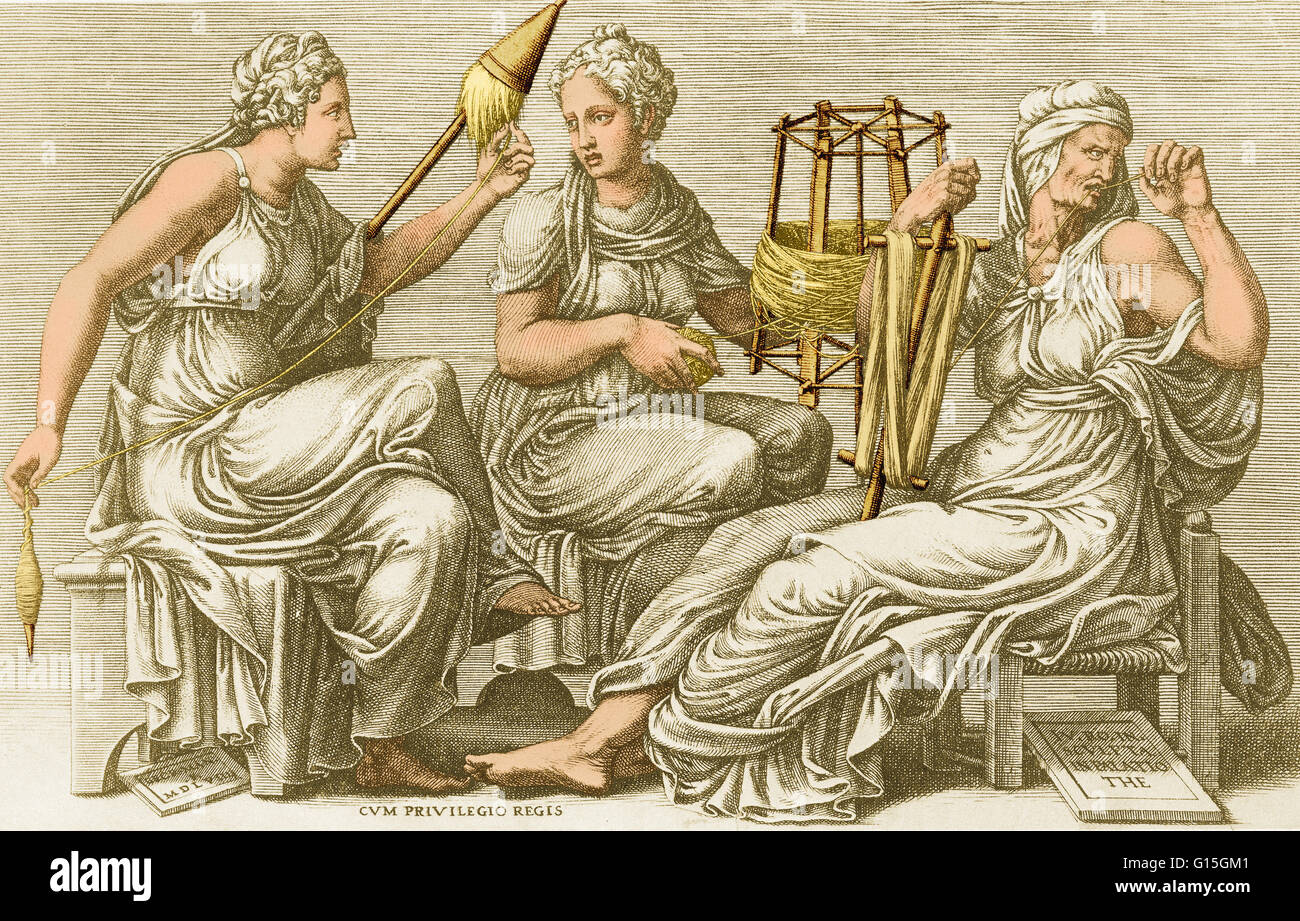 Die drei Parzen (Klotho, Lachesis und Atropos) von dem italienischen Künstler Giorgio Ghisi (1520-82). In der griechischen Mythologie waren die Schicksale (die Moiren genannt) die Inkarnationen des Schicksals.  Sie verbrachten ihre Zeit Spinnen, Messen und schneiden den Faden des Lebens. Stockfoto