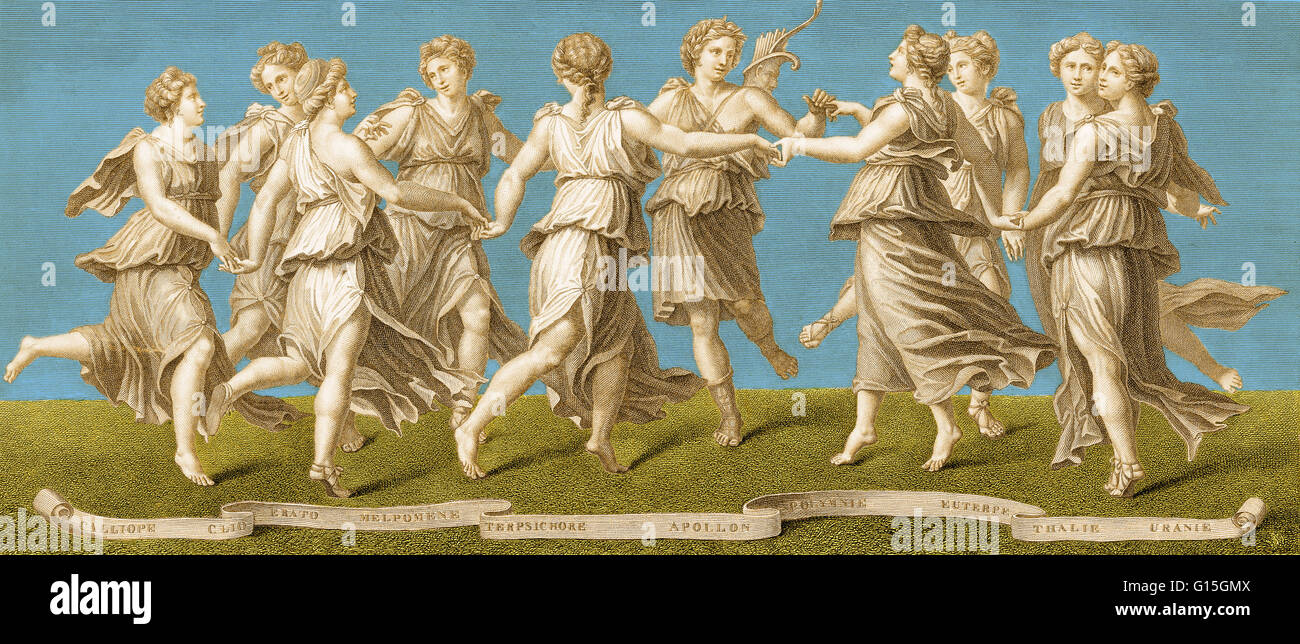 Eine Gravur aus einem Gemälde des italienischen Künstlers Baldassarre Peruzzi (1481-1536) von Apollo tanzen mit den neun Musen: Calliope, Clio, Erato, Melpomene, Terpsichore, Polyhymnia, Euterpe, Thalia und Urania.  In der griechischen Mythologie sind die Musen Göttinnen, die Stockfoto