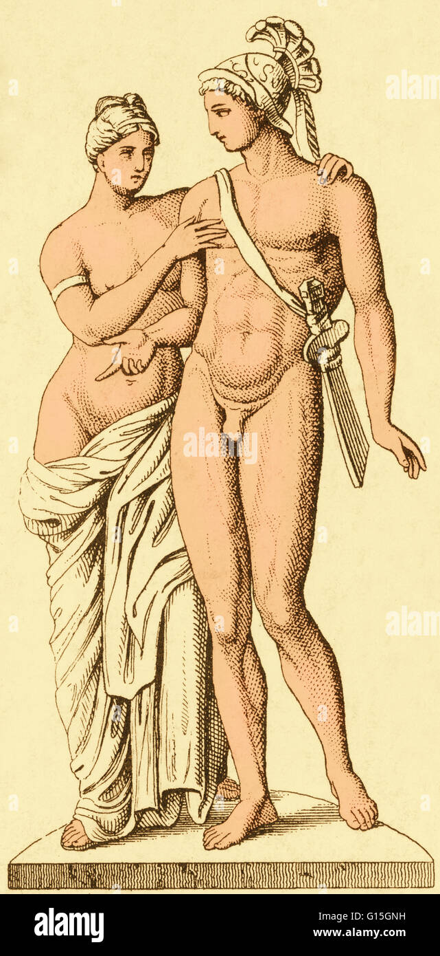 Die antiken griechischen mythischen Figuren von Aphrodite und Ares (oder Venus und Mars im römischen Pantheon). Dies sind die Göttin der Liebe und der Gott des Krieges, die sich liebten. Stockfoto Die antiken griechischen mythischen Figuren von Aphrodite und Ares (oder Venus und Mars im römischen Pantheon). Dies sind die Göttin der Liebe und der Gott des Krieges, die sich liebten. Stockfoto