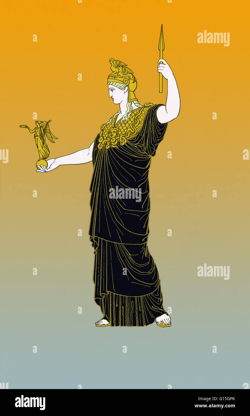 Athena ist in der griechischen Religion und Mythologie die Göttin der Weisheit, Mut, Inspiration, Zivilisation, Recht und Gerechtigkeit, gerechte Kriegsführung, Mathematik, Stärke, Strategie, Kunst, Kunsthandwerk, und Geschicklichkeit. Minerva ist die römische Göttin Athena zugeordnet. Athena Stockfoto