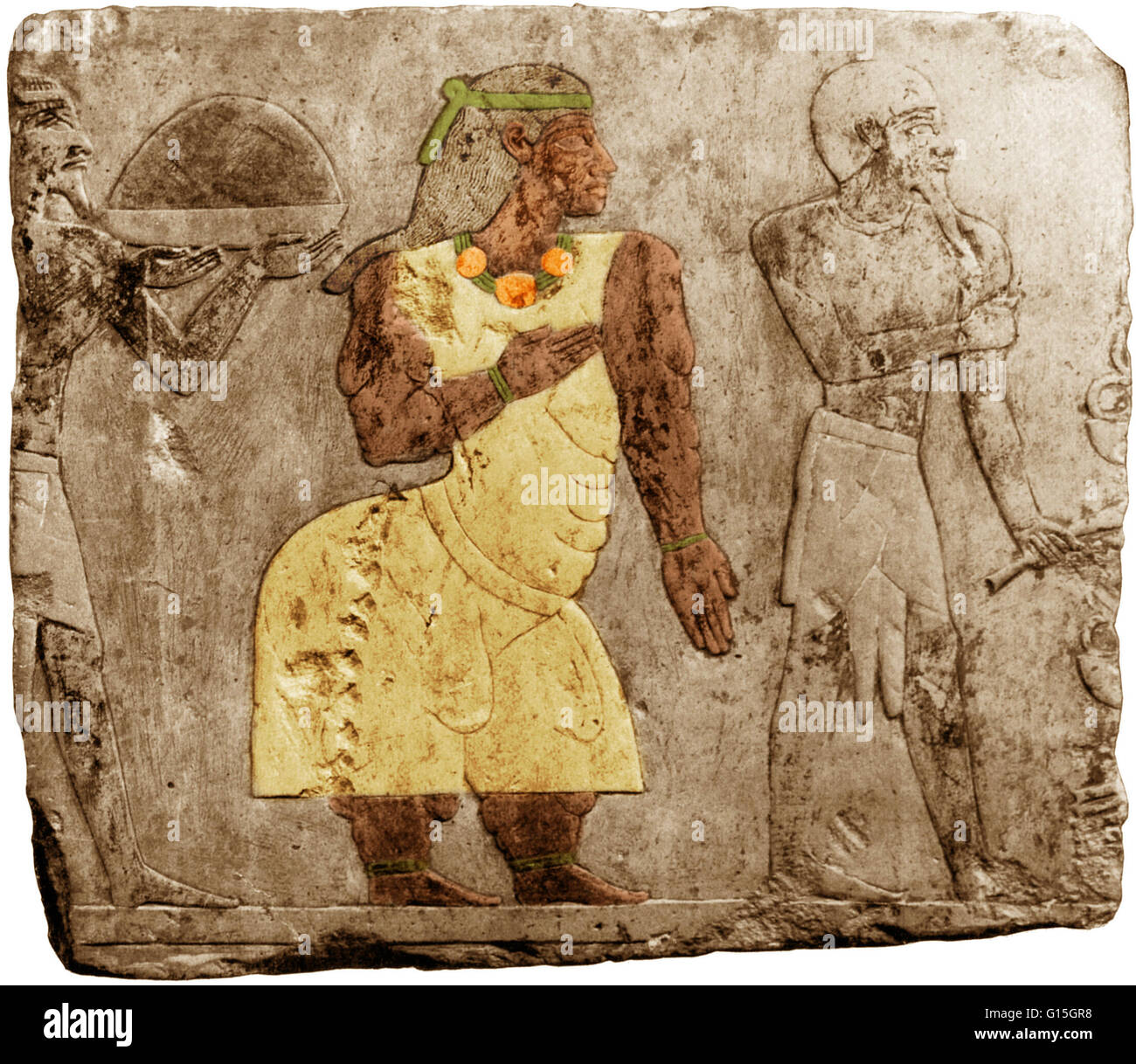 Wand Kunst aus dem alten Ägypten (ca. 1480 v. Chr.) zeigt eine Figur (hier in der Farbe) Muskeldystrophie leiden.  Einige Quellen identifizieren sie als Königin Hatshepsut, flankiert von zwei Sklaven. Stockfoto