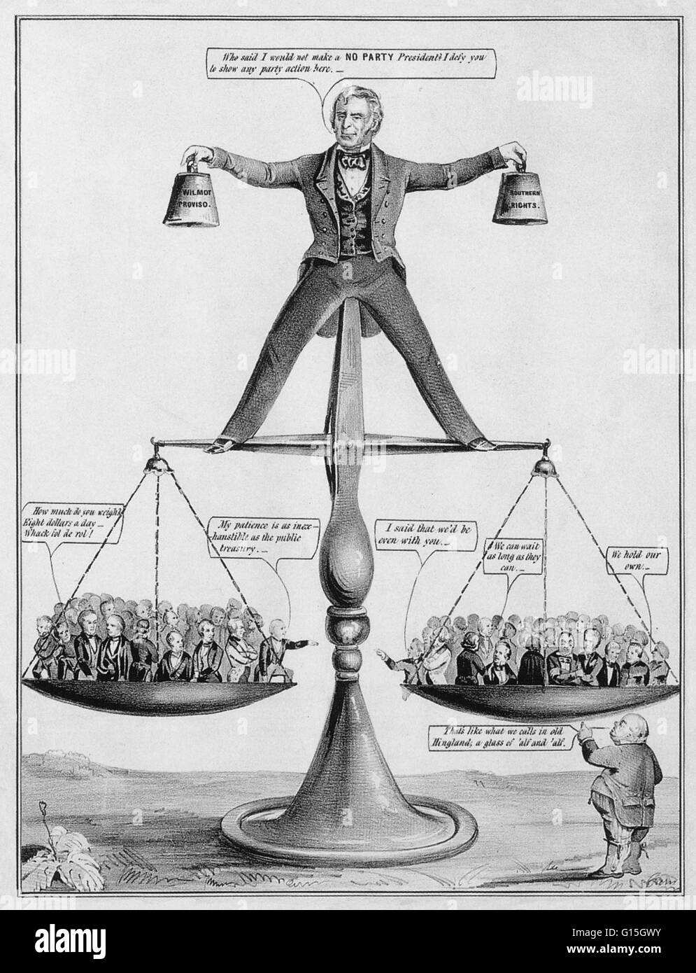 Während seiner Präsidentschaft, Zachary Taylor, eine schwierige Balance zwischen der südlichen und nördlichen Staaten und die Frage der Sklaverei beibehalten. In seiner linken Hand hält er eine Gewicht mit dem Titel "Wilmot Vorbehalt" (eine Handlung eingeführt im Jahre 1846, die Sklaverei verbieten würde ich Stockfoto