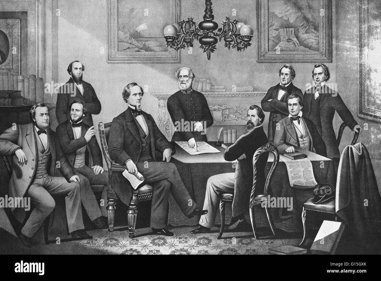 Präsident Jefferson Davis und Kabinett der Konföderierten Staaten von Amerika und Konföderierten general Robert E. Lee, kurz nach dem Beginn des amerikanischen Bürgerkriegs (1861-1865). Dargestellt sind, von links nach rechts: Stephen Mallory, Marineminister; Stockfoto
