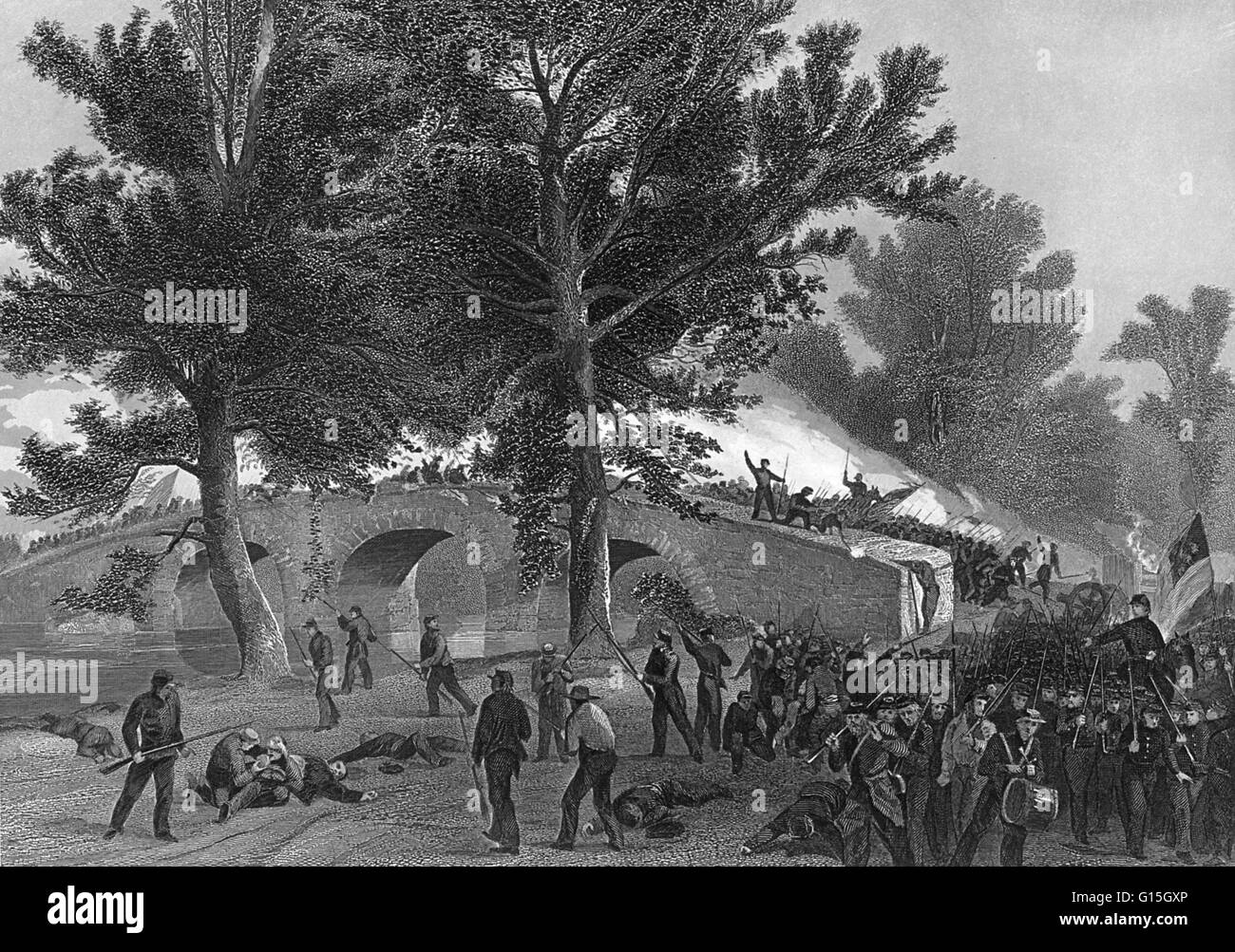 Ein Druck von einem Gemälde von Alonzo Chappel ist berechtigt: Schlacht von Antietam. Galant in Höhe von General Burnside Division an der Brücke. Die Schlacht von Antietam, auch bekannt als Schlacht von Sharpsburg, im Süden, wurde am 17. September 1862, in der Nähe von Sh gekämpft. Stockfoto