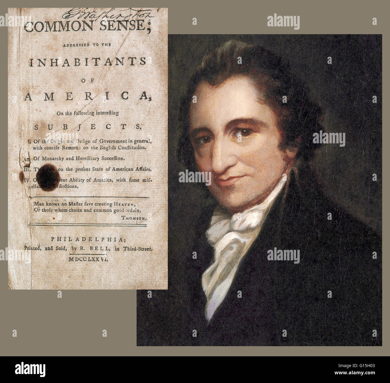 Thomas "Tom" Paine (1737-1809), Autor, Pamphletisten, radikale, Erfinder, intellektuelle, revolutionär und einer der Gründerväter der Vereinigten Staaten; hier gezeigt, neben seiner Arbeit "Common Sense." Er anonym schrieb und veröffentlichte Pro-Eingabe Stockfoto