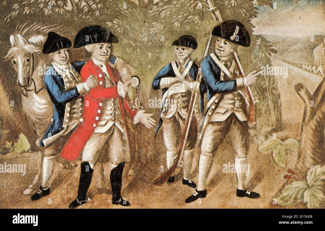 In dieser Abbildung undatiert, unsignierten greift ein Patriot Major John Andre Arm, ein anderes hält die Dokumente gefunden, die dritte zeigt auf die Befestigungsanlagen in West Point. Während Andre versucht, sie mit seiner Uhr zu bestechen. Die Erfassung von Major J Stockfoto