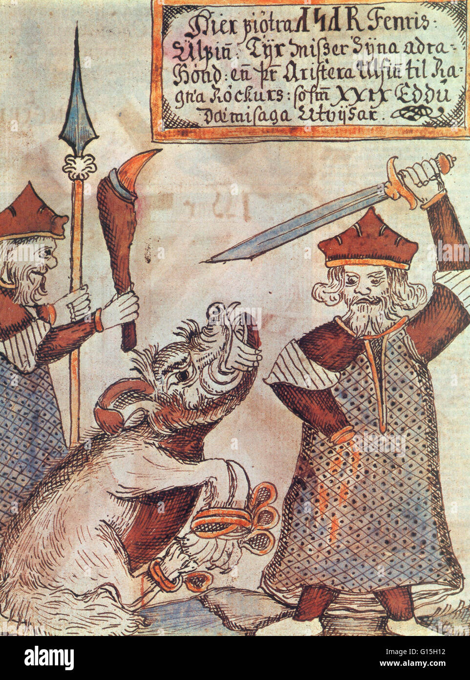 18. Jahrhundert isländischen Manuskript Darstellung der Geschichte von Tyr (der nordische Gott der Zweikampf, Sieg und heldenhaften Ruhm) seine Hand an dem monströsen Wolf Fenrir zu verlieren. Stockfoto