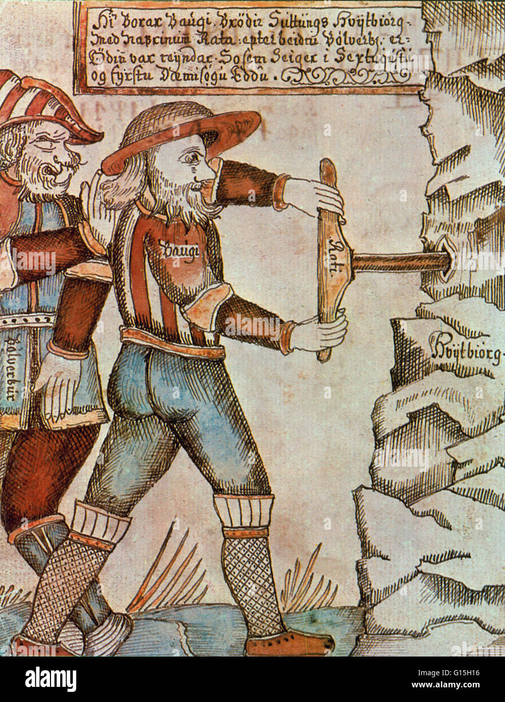 Die altnordischen mythologische Figur Baugi bohrt in einen Berg zu Odin, ein Gott, einen Schluck des darin versteckt 'Mead der Poesie"zu ermöglichen. Illustration aus einer isländischen Handschrift aus dem 18. Jahrhundert. Stockfoto