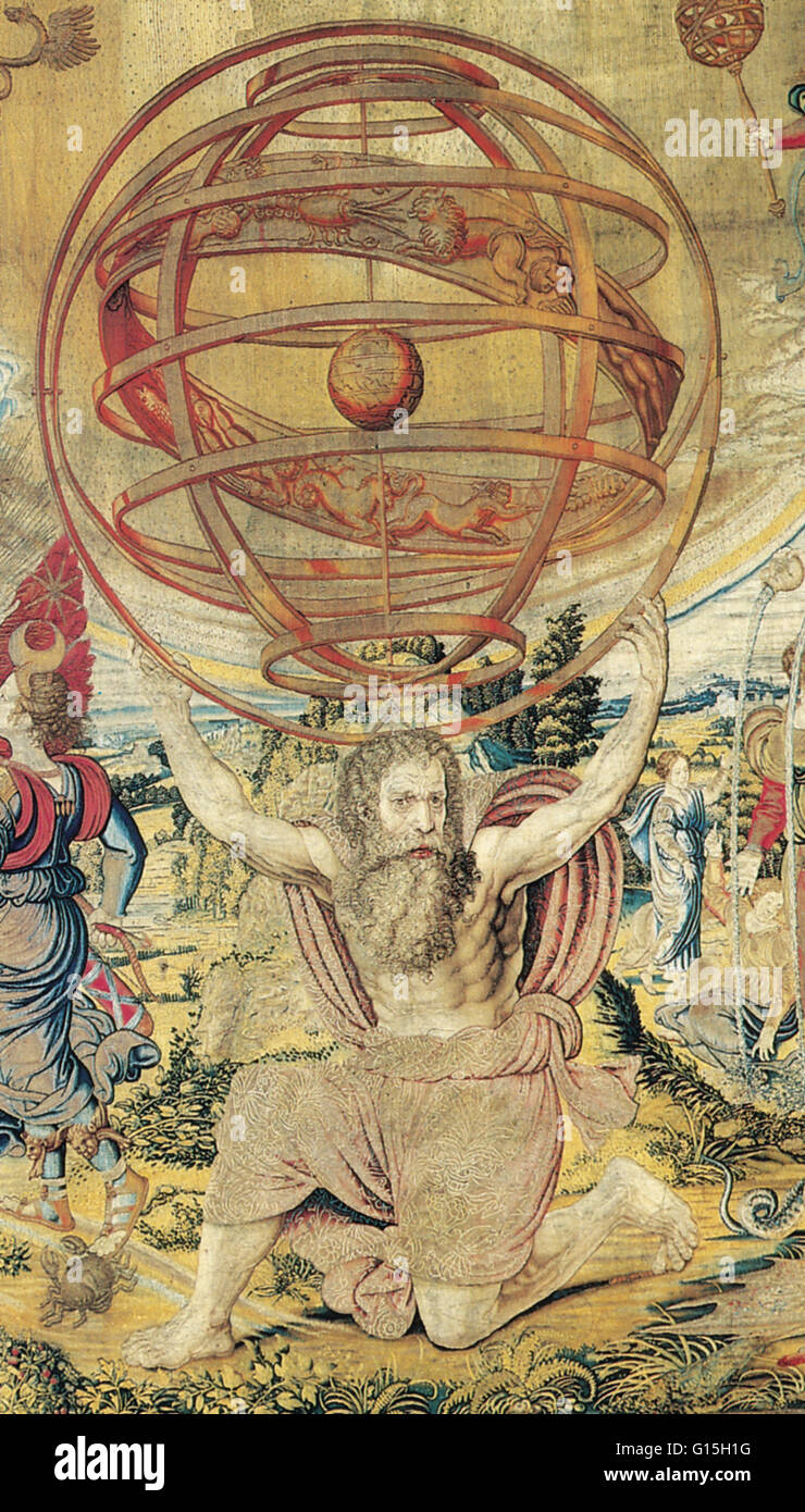 Teil des Teppichs "Atlas unterstützt die Armillarsphäre" ca. 1530, von George Wezeler, Brüssel, Belgien. Eine Armillarsphäre (Variationen sind kugelförmige Astrolabium, Armilla oder Armil genannt) ist ein Modell der Objekte am Himmel (in den himmlischen sphe Stockfoto