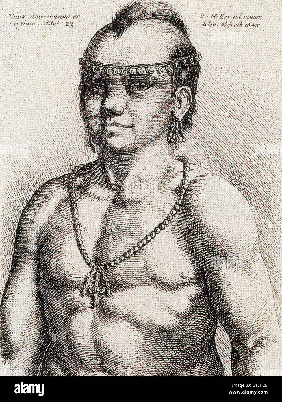 Unus Americanus ex Virginia. Aetat 23 / W. Hollar Ad Vivum (vom Leben) Delin. et Fecit, von Hollar, Wenzel, 1607-1677, Radierer zwanzig drei Jahre Virginia-Algonkin Greis, Brustbild, Halskette und Kopf Ornamente tragen und mit Gesichts Mar Stockfoto
