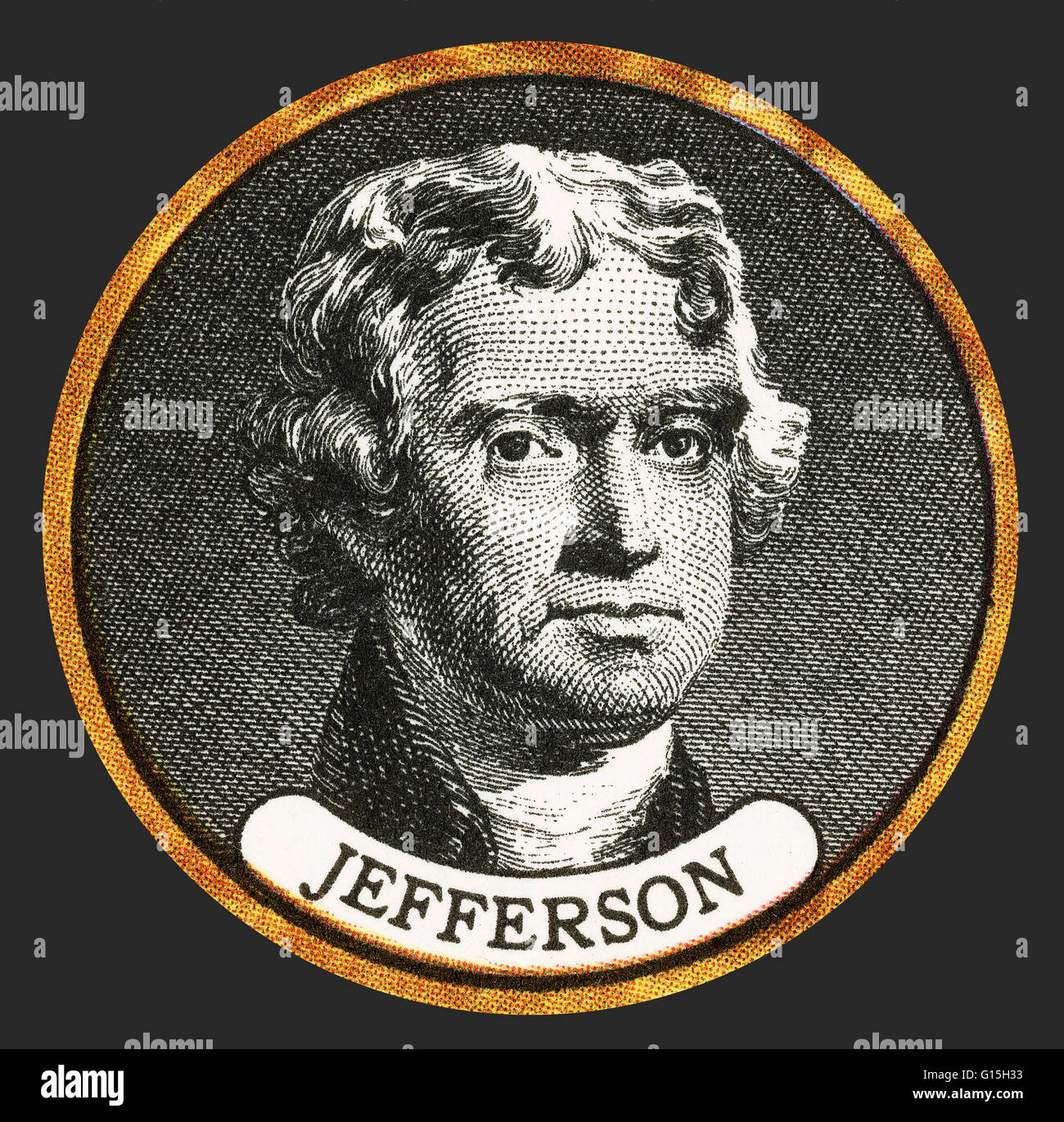 Thomas Jefferson (13. April 1743 - 4. Juli 1826) war ein amerikanischer Gründungsvater der Hauptautor der Vereinigte Staaten Unabhängigkeitserklärung (1776) und der dritte Präsident der Vereinigten Staaten (1801-1809). Zu Beginn des amerikanischen wurde Stockfoto