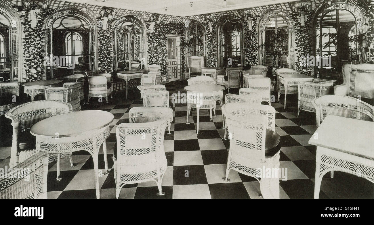 Das Veranda Café in der Titanic Schiff, März 1912. Auch bekannt als fand die Veranda und "Palm Court" waren ein paar Zimmer praktisch identisch und dekoriert, um den Lauben ähneln aufgrund großer englischer Landhäuser. Stockfoto