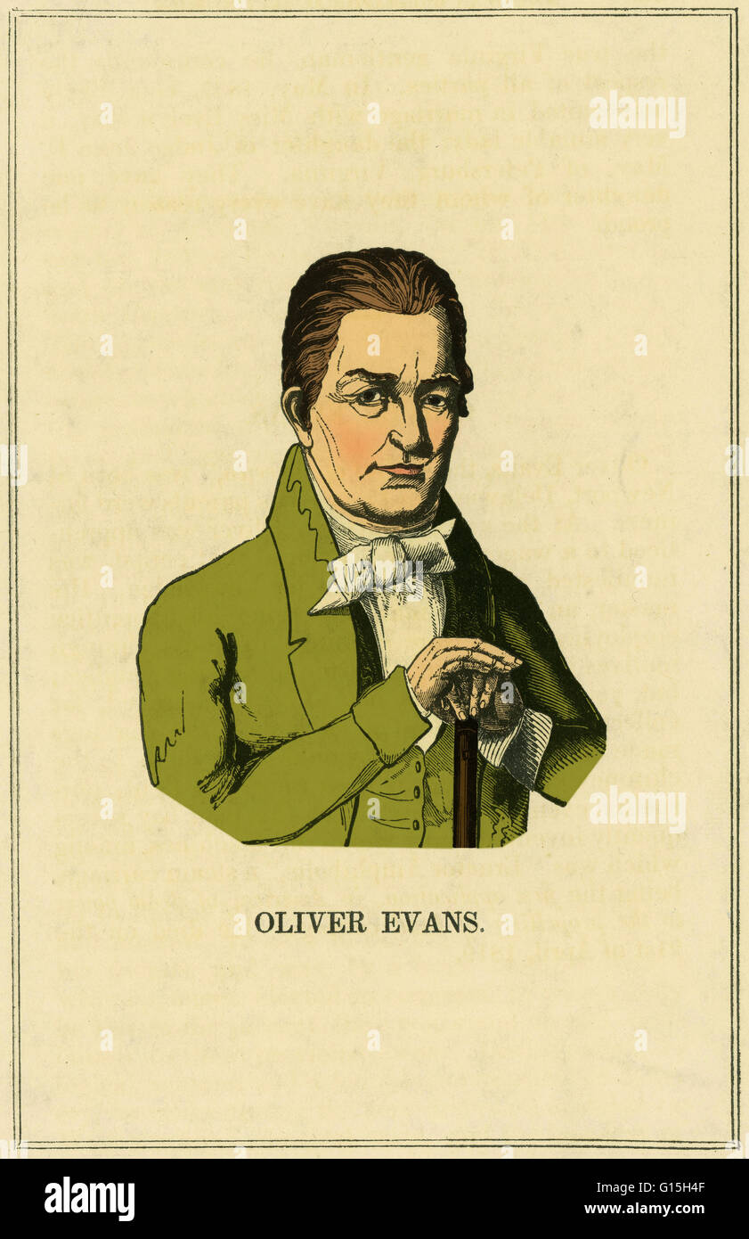 Oliver Evans (13. September 1755 - 15. April 1819) war ein amerikanischer Erfinder, der Hochdruck-Dampfmaschine Pionier. ersten Erfindung des weit verbreiteten Bedeutung war eine automatisierte Mehlmühle, die kontinuierlich durch den Einsatz von Betrieben bulk Material Han Stockfoto