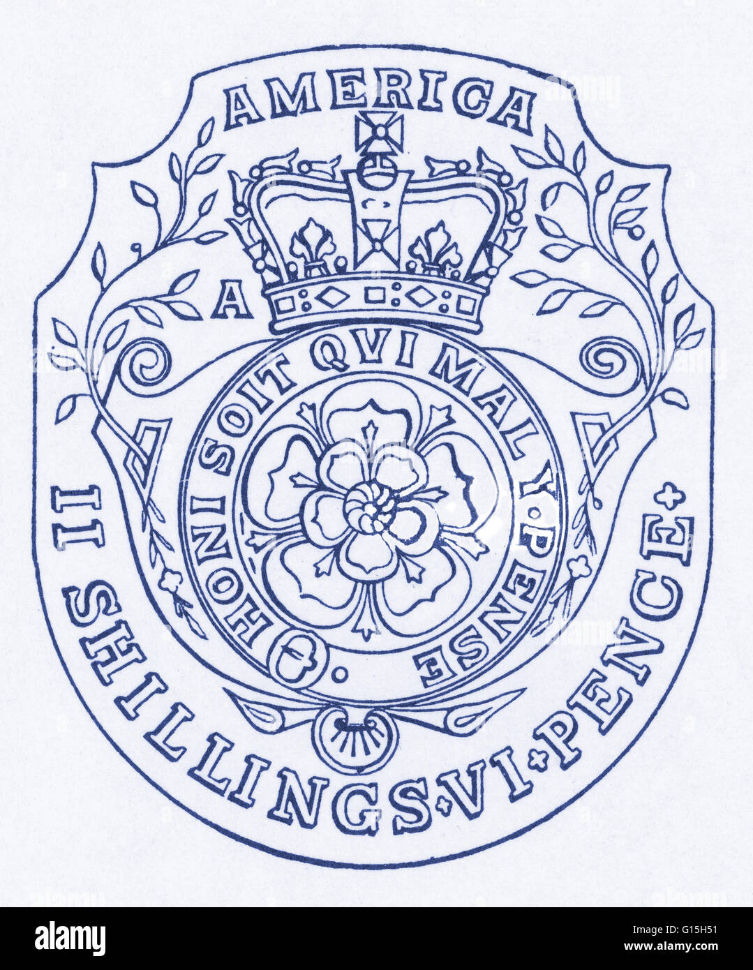 Faksimile des eine Stempelmarke, eingeführt in den amerikanischen Kolonien mit den Stamp Act von 1765. Dies musste auf jede Art von Publikation, einschließlich rechts- und Commercial Papers und Lizenzen angezeigt werden. Das Stempelgesetz von 1765 wurde eine Steuer, die durch die britische Par Stockfoto