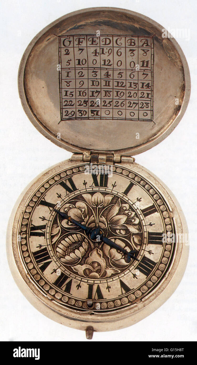 Tasche Uhren mit ewigem Kalender, 1635.  Ein Kalender, der kann so angepasst werden, dass um jede Kombination von Tag, Monat und Jahr zu zeigen, und ist deshalb Jahr für Jahr verwendbar. Stockfoto