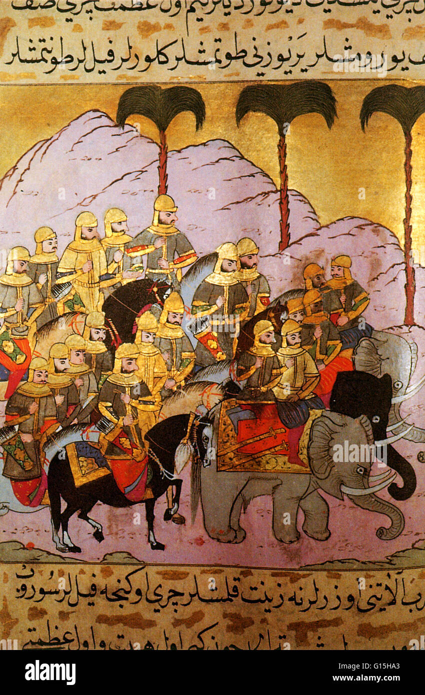Eine persische Miniatur Siyer-i Nebi entnommen ist eine türkische Epos über das Leben von Muhammad, ca. 1388 abgeschlossen. Der osmanische Herrscher Murad III beauftragt einen aufwendigen illustrierte Abschrift des Werkes. Der Kalligraph Lutfi Abdullah vollendete das Werk im Jahre 1595 Stockfoto