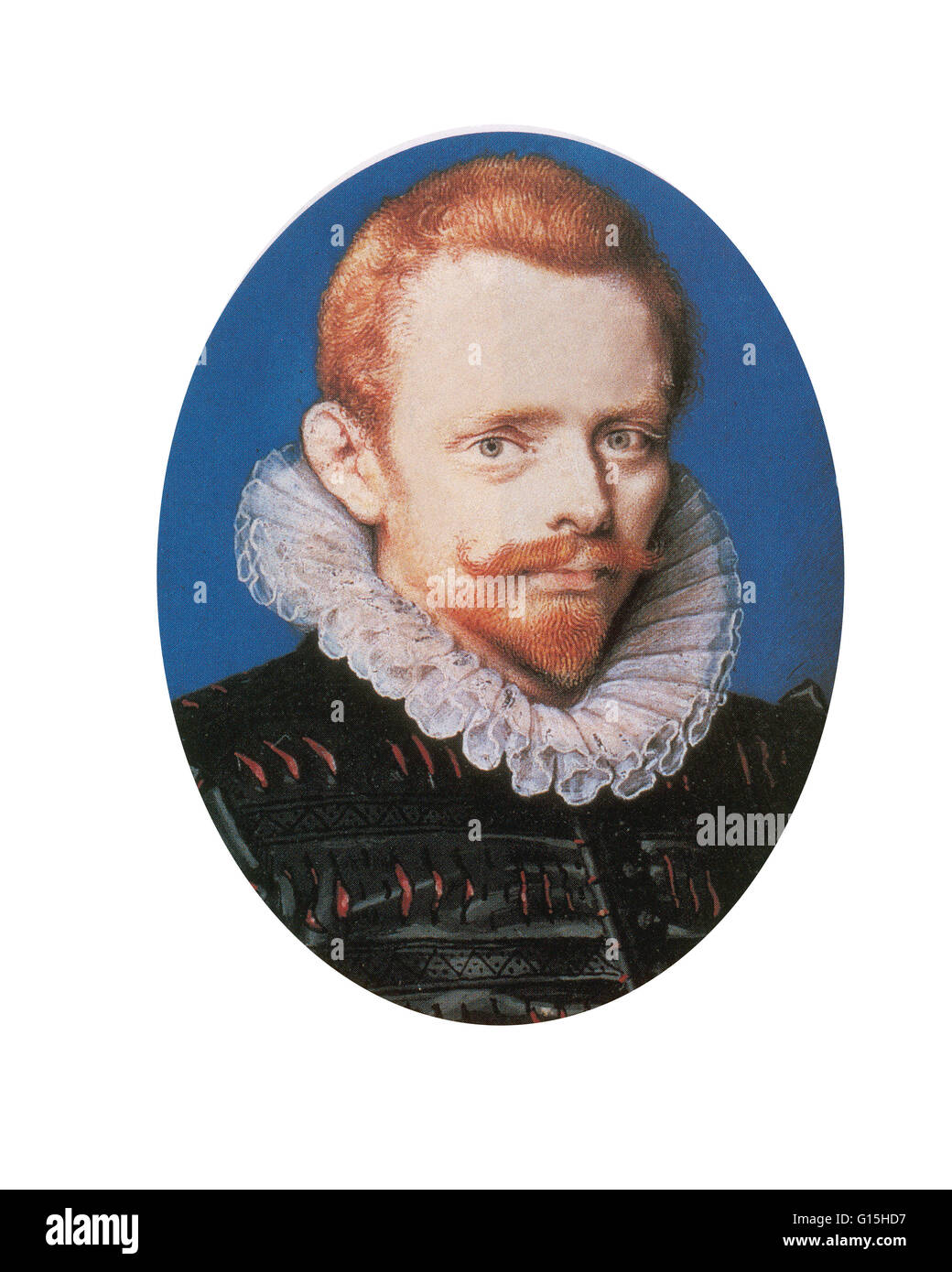 Porträt von Drake von Isaac Oliver. Dies ist das einzige Portrait der Weltumsegler, mit roten Haaren dargestellt. Sir Francis Drake, Vizeadmiral (1540-1596) war ein englischer Kapitän zur See, Freibeuter, Navigator, Sklavenhändler, Explorer und Politiker der Elizabeth Stockfoto