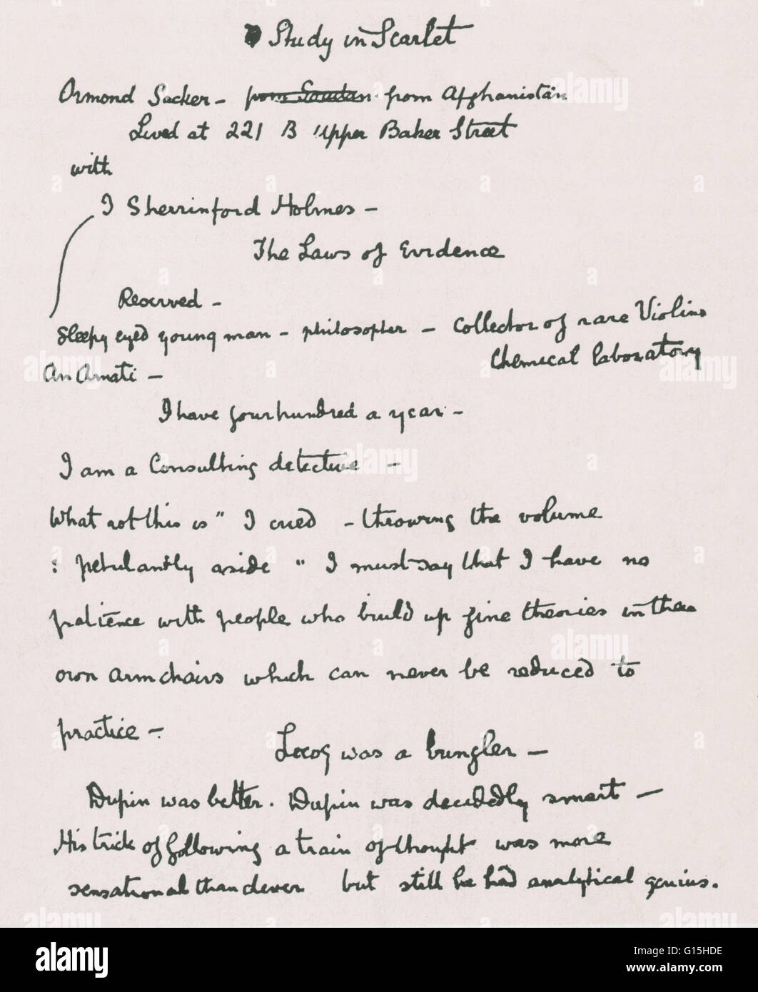 Eine Seite der Conan Notizen für A Study in Scarlet; Er muss noch auf seine endgültige Wahl der Namen für Sherlock Holmes und Doktor Watson zu begleichen. Beachten Sie die abweisende Bezugnahme auf frühere Spürhunde LeCoq und Dupin; die waren von Sherlock Holmes in der St. geäußert. Stockfoto