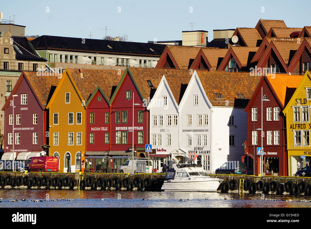 Traditionelle hölzerne hanseatischer Kaufleute Bauten von Bryggen, UNESCO, im Hafen, Bergen, Hordaland, Norwegen Stockfoto