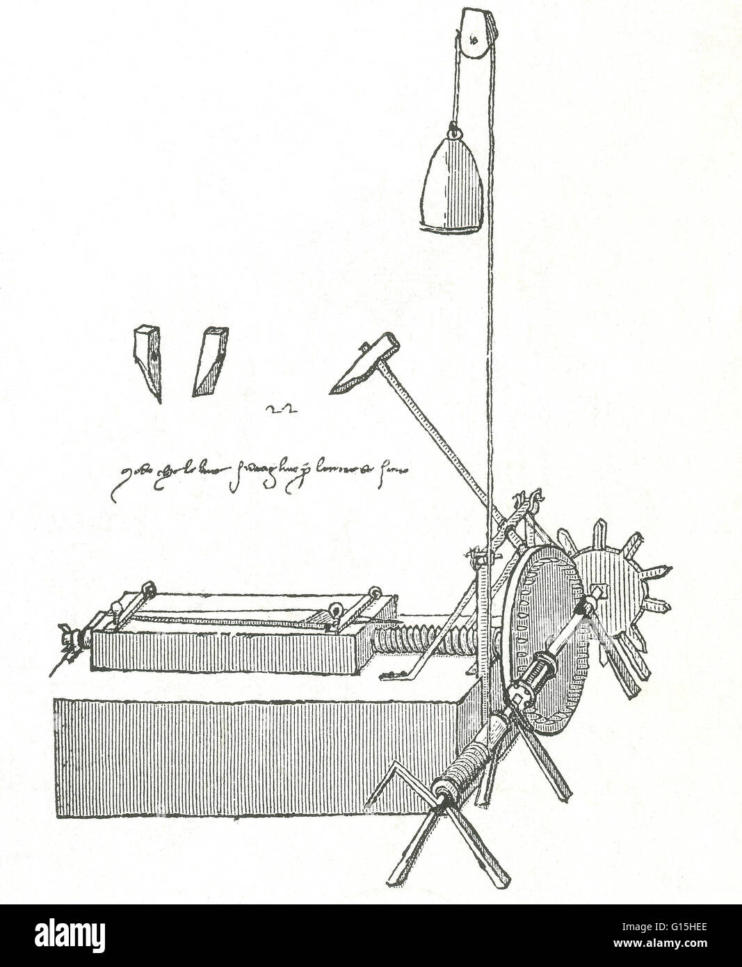 Abbildung einer Datei-Schneidemaschine von Leonardo Da Vinci. Stockfoto