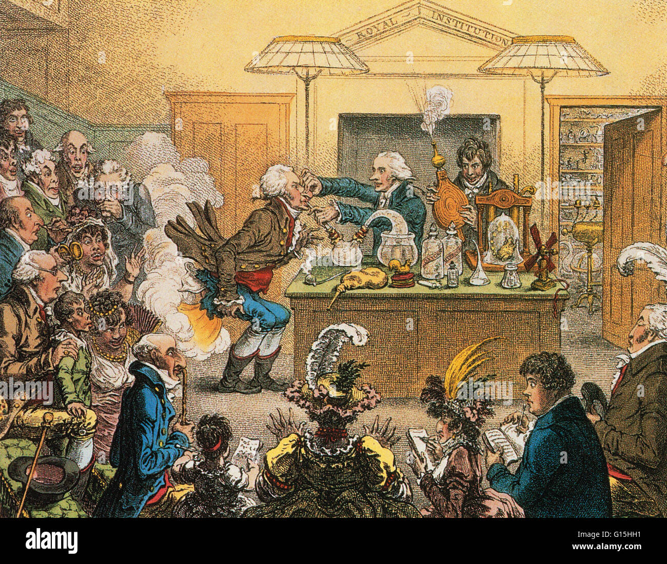 Berühmte Comic-Farbe Radierung von James Gillray, durchgeführt mit dem Titel "wissenschaftliche Forschungen! Neue Entdeckungen in der PNEUMATICKS! " Humphry Davy war 1. Baronet (17. Dezember 1778 - 29. Mai 1829), ein englischer Chemiker und Erfinder. Im Jahr 1798 trat er in die pneumatischen Institut Stockfoto