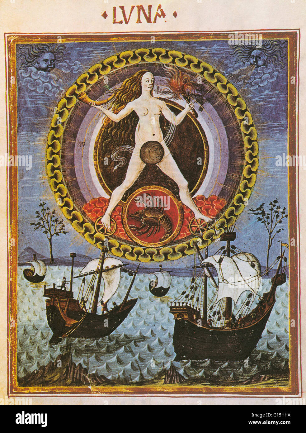 Astrologie-Illustration von Krebs regiert der Mond (Luna) aus dem fünfzehnten Jahrhundert Lombard Manuskript De Sphaera. Die Krabbe, in der Abbildung dargestellt ist das astrologische Symbol für Krebs (welche lateinisch Krabbe). Krebs gilt ein feminines und Wasser Si Stockfoto